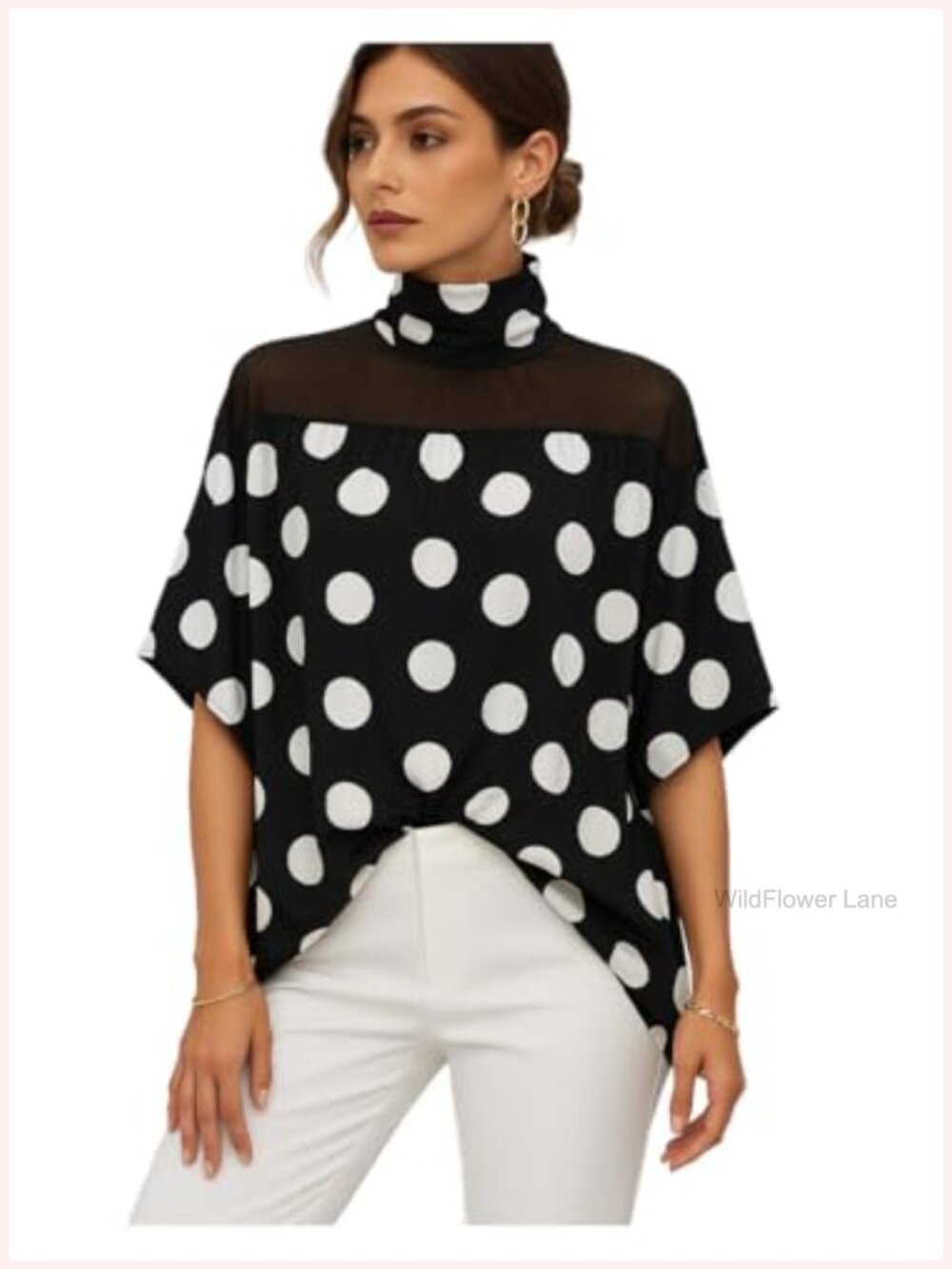 Women's Oversized Mesh Mock Neck Batwing Sleeve Flowy Blouse